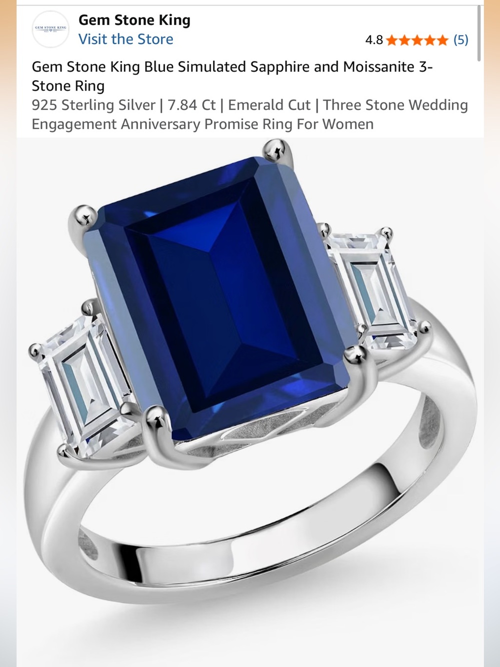 *EUC* Gem Stone King .925 Simulated Sapphire and Moissanite 3 Stone Ring